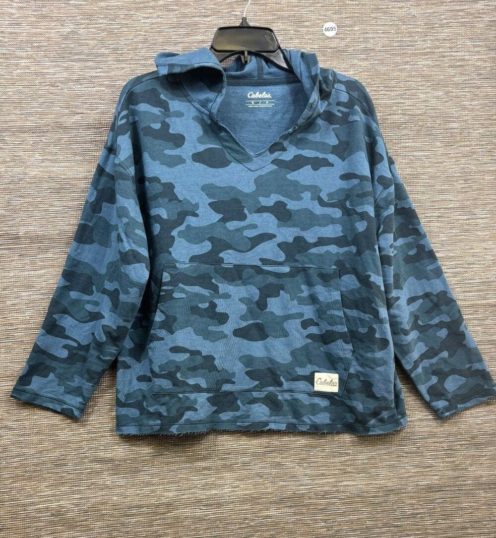 Cabela's Hoodie Mens Small Blue Camo Fleece Pullover Kangaroo Pocket V Neck